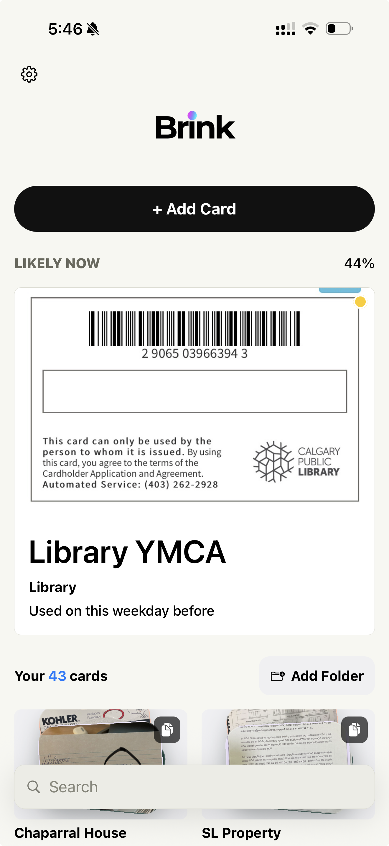Brink app home screen showing Likely Now cards and card library