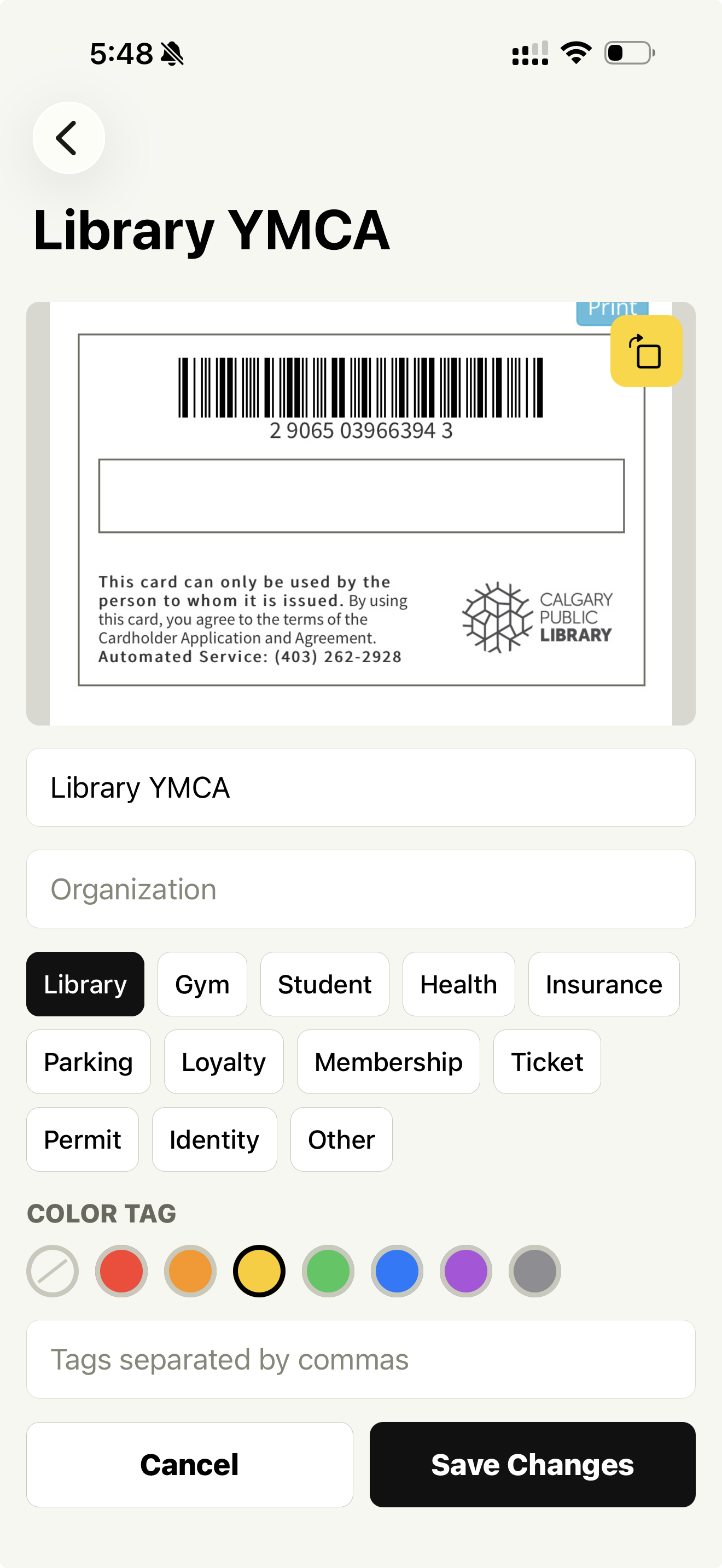 Brink card editing screen showing categories, color tags, and text tags